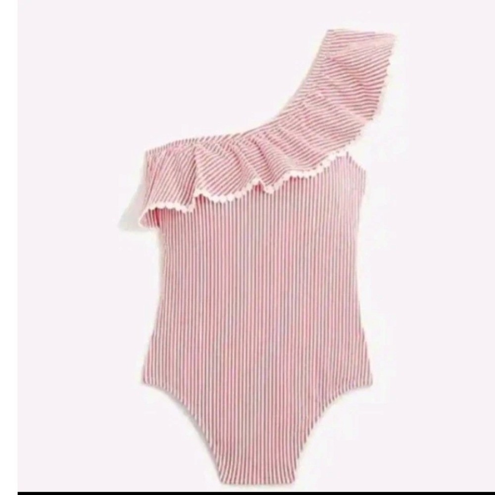 J. Crew Size Red White Seersucker One Shoulder One Piece Swimsuit